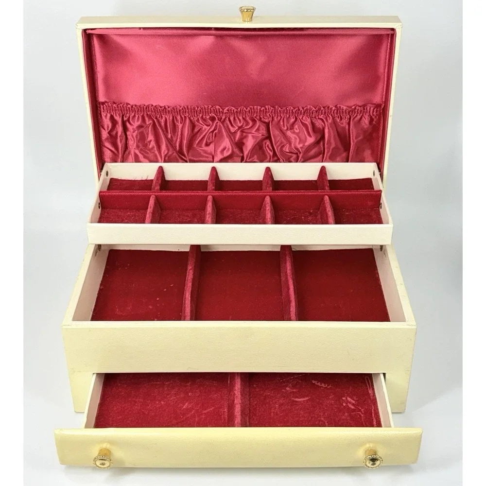 Vintage Jewelry Box Ivory Gold 3 Tier w/ Drawer Red Velvet Satin Lining 12x8